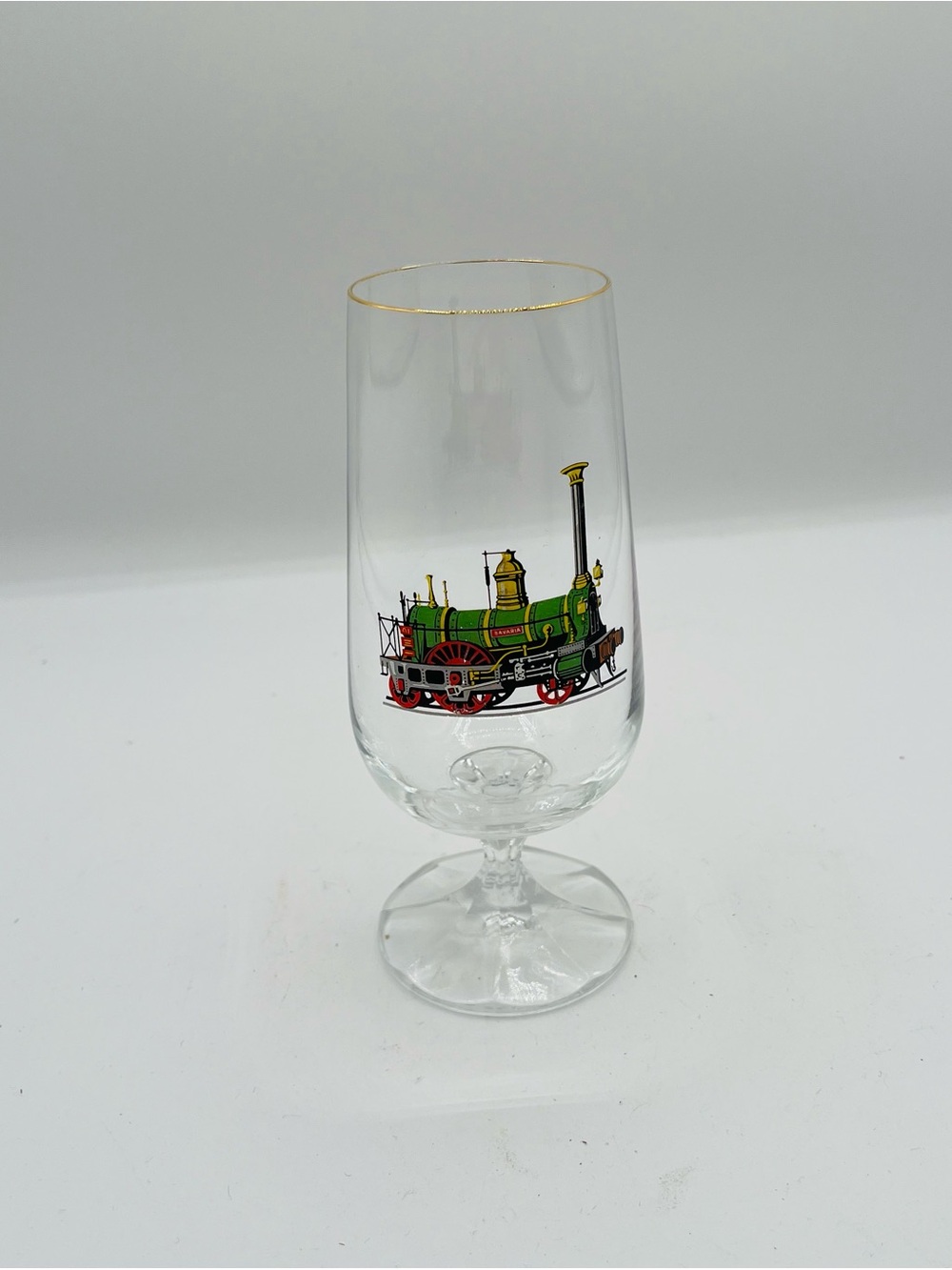 Clear Stemmed Glass with Green Train Illustration and Gold Rim from Czechoslovak